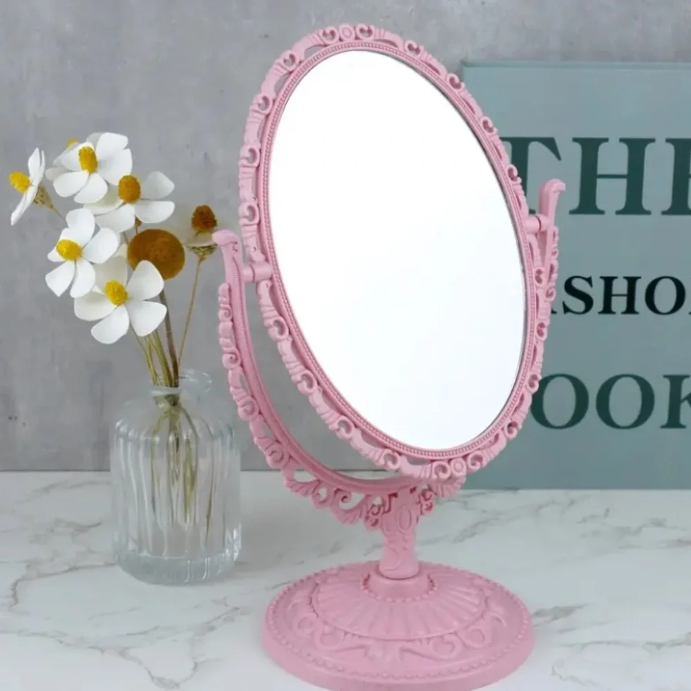 (NIB) Vintage Inspired Oval Tabletop Makeup Mirror Pink